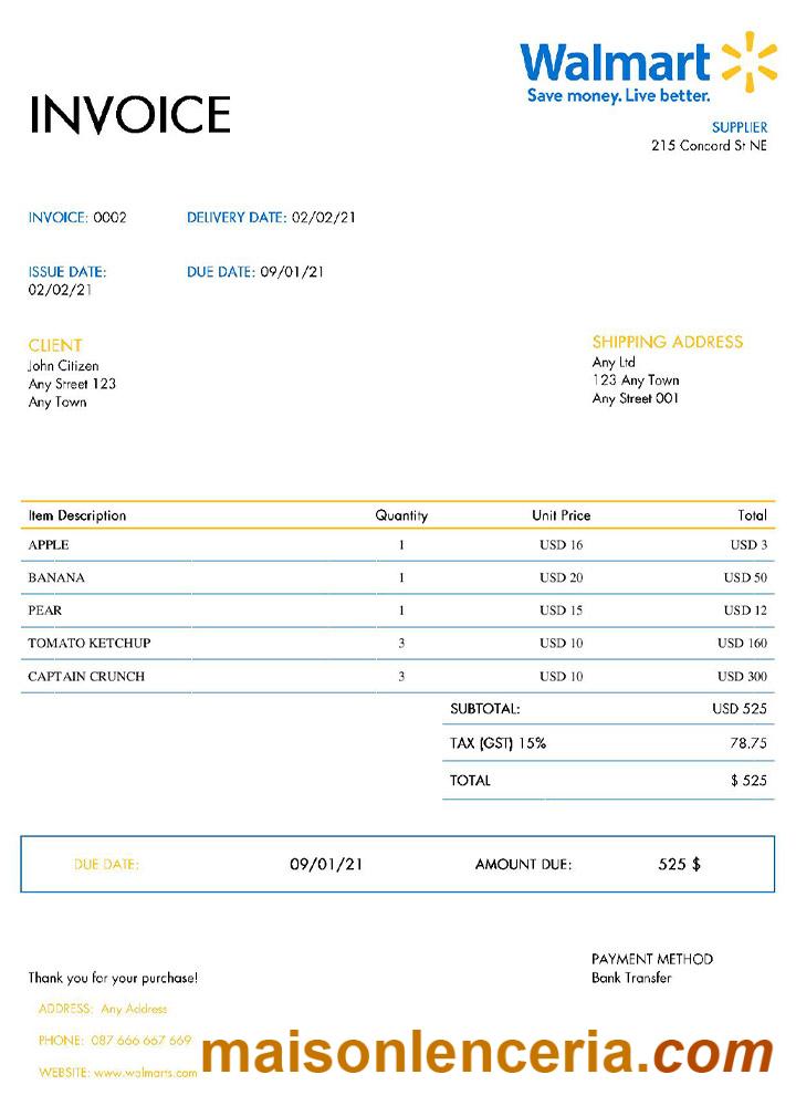 Szablon faktury USA Walmart formaty Word i PDF